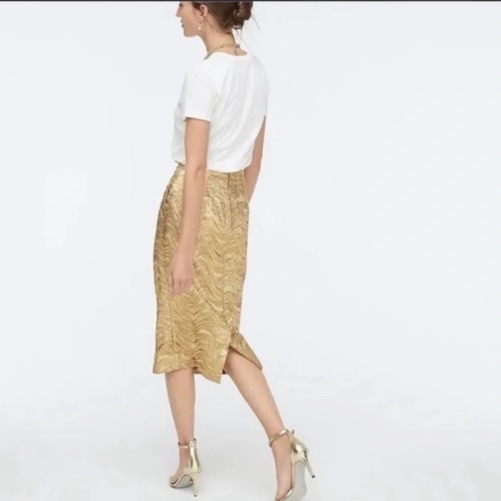 J. Crew Collection Pencil Skirt in Gold Metallic Leaf Jacquard, Size 2